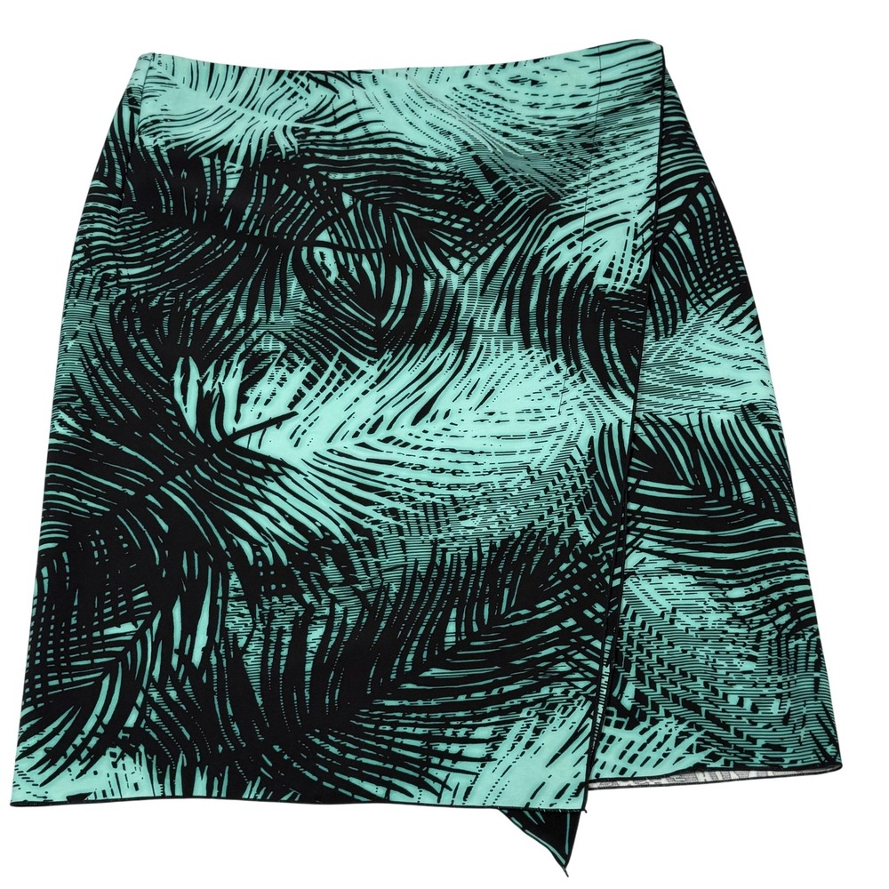 Worthington Skirt 16 Green Palm Print Faux Wrap Stretch Knit Tropical Asym Hem